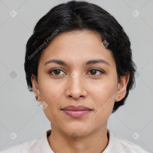 Joyful latino young-adult female with short  brown hair and brown eyes