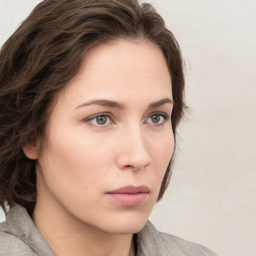 Neutral white young-adult female with medium  brown hair and grey eyes