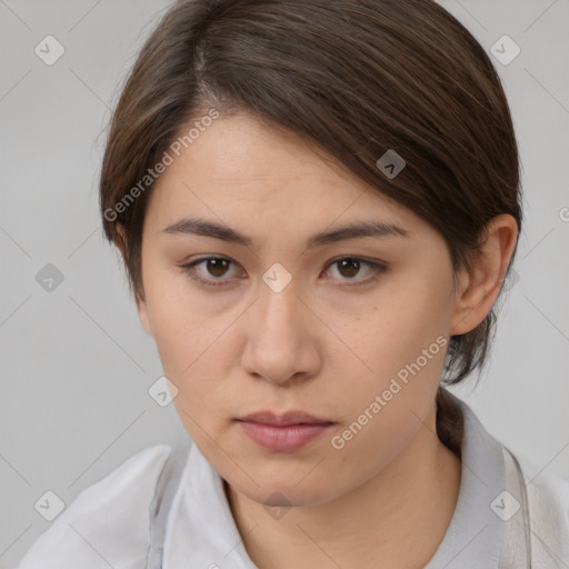 Neutral white young-adult female with medium  brown hair and brown eyes