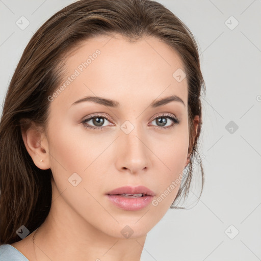 Neutral white young-adult female with medium  brown hair and brown eyes