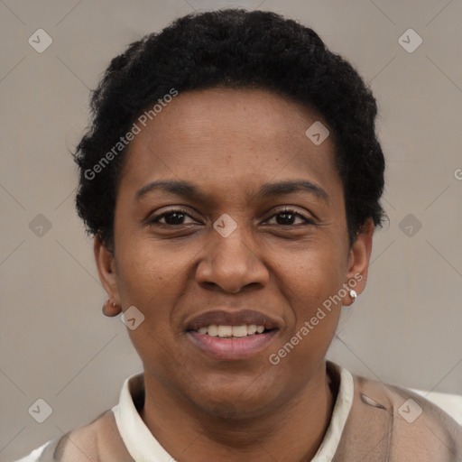 Joyful black young-adult female with short  black hair and brown eyes