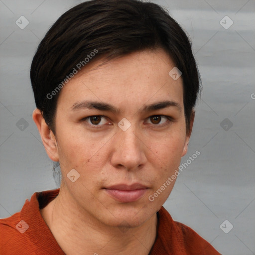 Neutral white young-adult female with short  brown hair and brown eyes