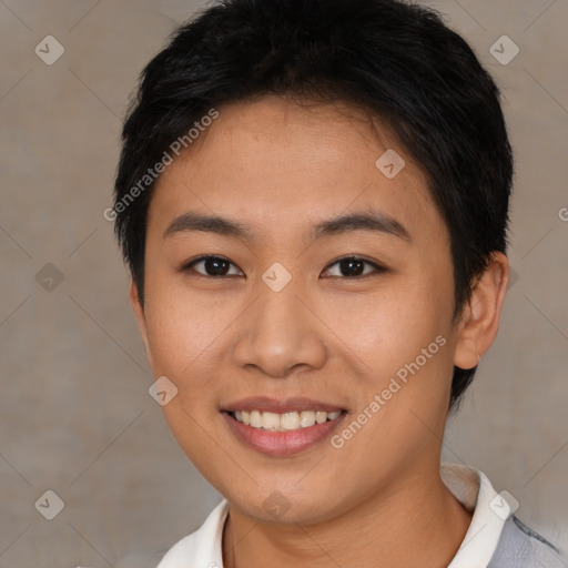 Joyful asian young-adult female with short  brown hair and brown eyes