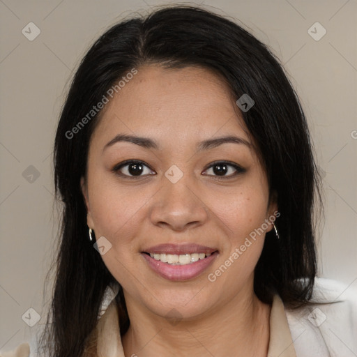 Joyful latino young-adult female with medium  brown hair and brown eyes