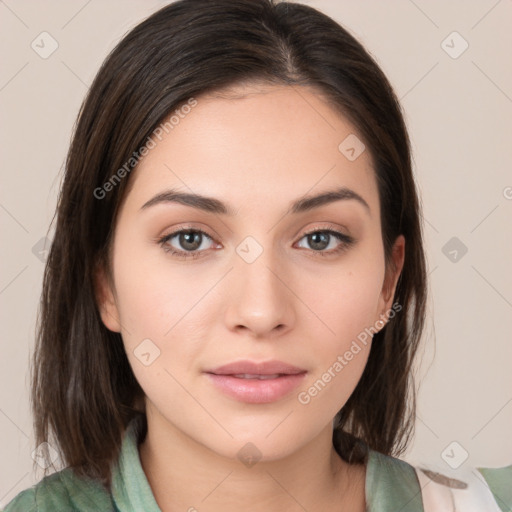 Neutral white young-adult female with medium  brown hair and brown eyes