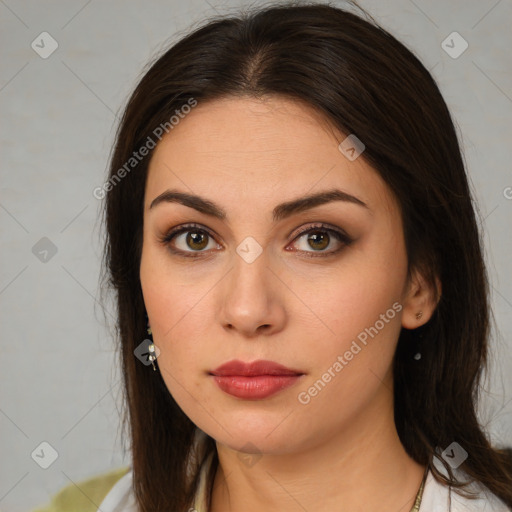 Neutral white young-adult female with medium  brown hair and brown eyes