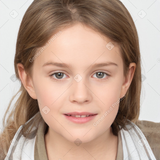 Joyful white child female with medium  brown hair and brown eyes