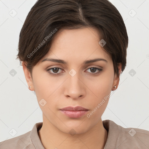 Neutral white young-adult female with short  brown hair and brown eyes