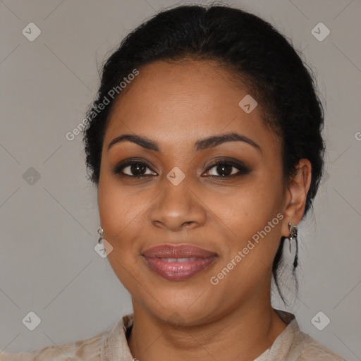 Joyful black young-adult female with medium  brown hair and brown eyes