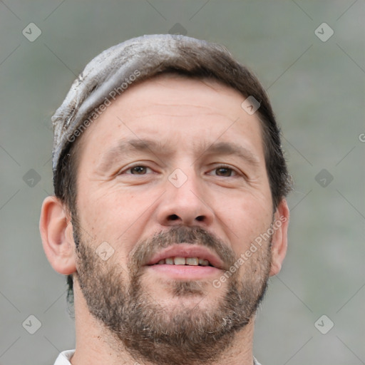 Neutral white adult male with short  brown hair and grey eyes