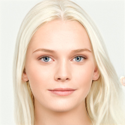 Joyful white young-adult female with long  blond hair and blue eyes