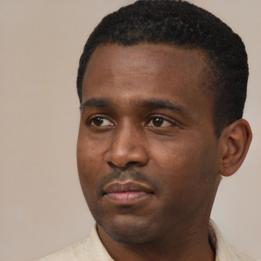 Neutral black young-adult male with short  black hair and brown eyes