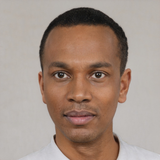 Neutral black young-adult male with short  black hair and brown eyes