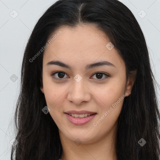 Joyful asian young-adult female with long  brown hair and brown eyes