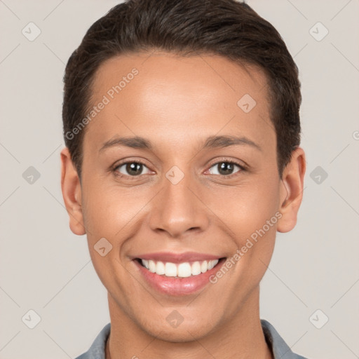 Joyful white young-adult female with short  brown hair and brown eyes