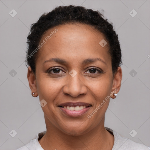 Joyful latino young-adult female with short  brown hair and brown eyes