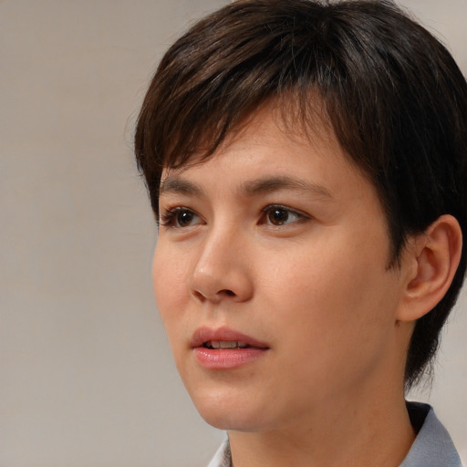 Neutral asian young-adult female with short  brown hair and brown eyes