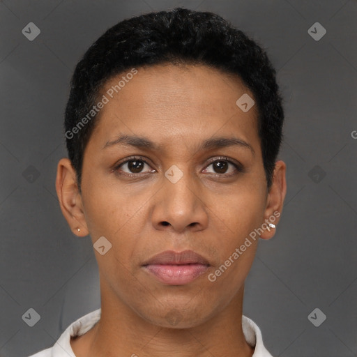 Joyful black young-adult female with short  black hair and brown eyes