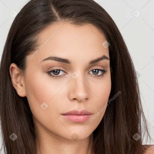 Neutral white young-adult female with long  brown hair and brown eyes