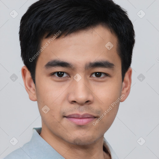 Neutral asian young-adult male with short  black hair and brown eyes