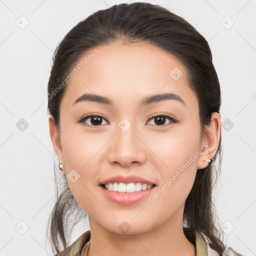 Joyful white young-adult female with medium  brown hair and brown eyes