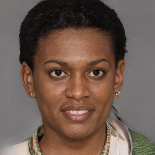 Joyful latino young-adult female with short  brown hair and brown eyes