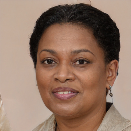 Joyful black adult female with medium  brown hair and brown eyes