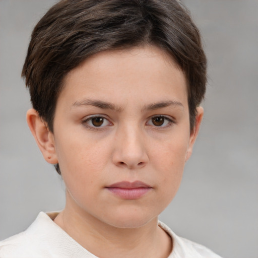 Neutral white young-adult female with short  brown hair and brown eyes