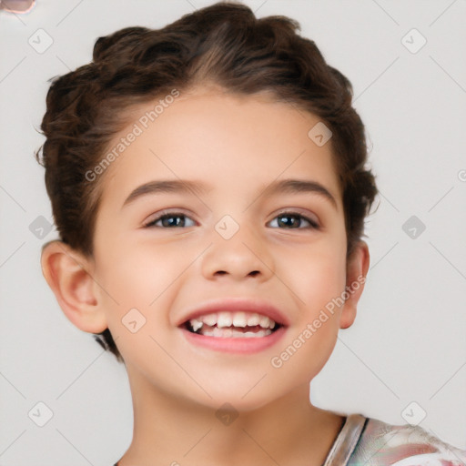 Joyful white child female with short  brown hair and brown eyes