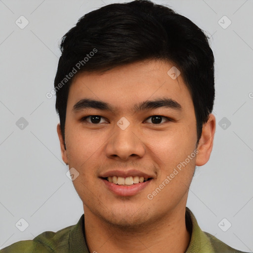 Joyful asian young-adult male with short  black hair and brown eyes