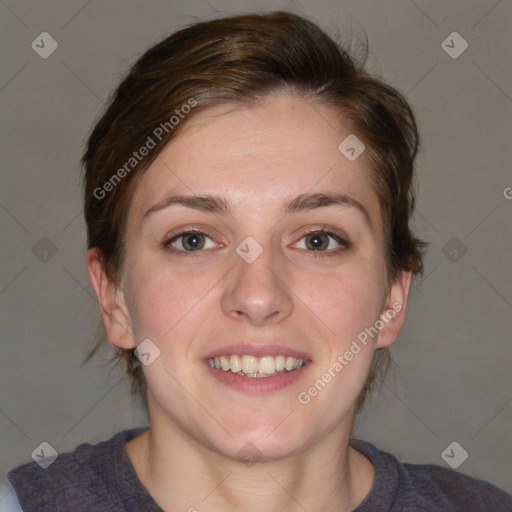 Joyful white young-adult female with medium  brown hair and blue eyes