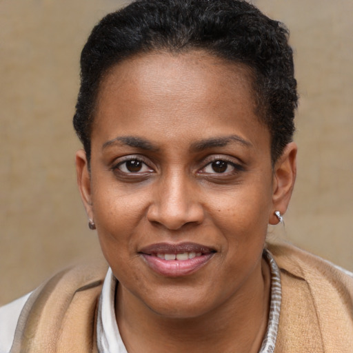 Joyful black young-adult female with short  brown hair and brown eyes