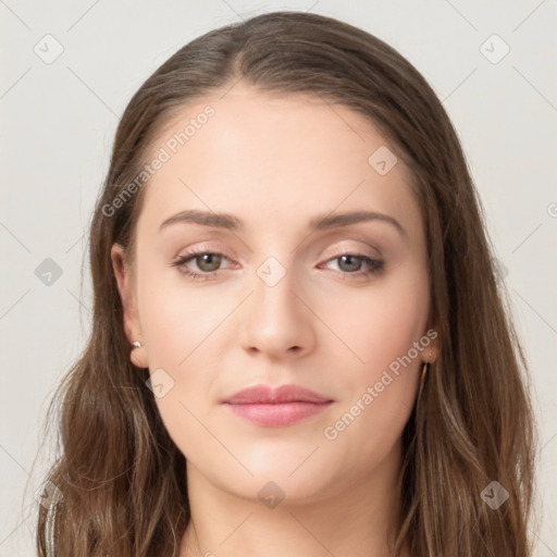 Neutral white young-adult female with long  brown hair and grey eyes