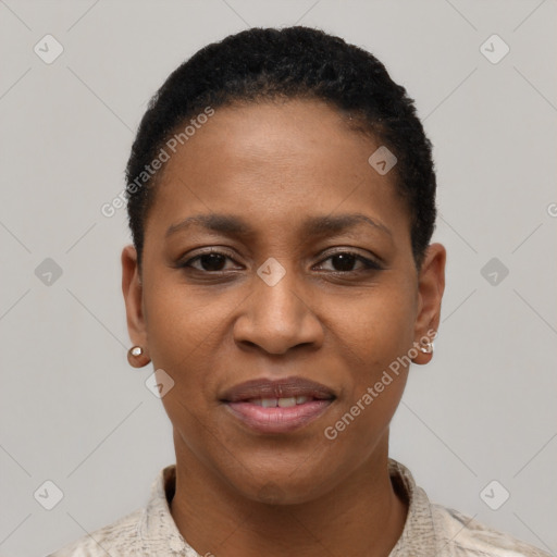 Joyful black young-adult female with short  black hair and brown eyes