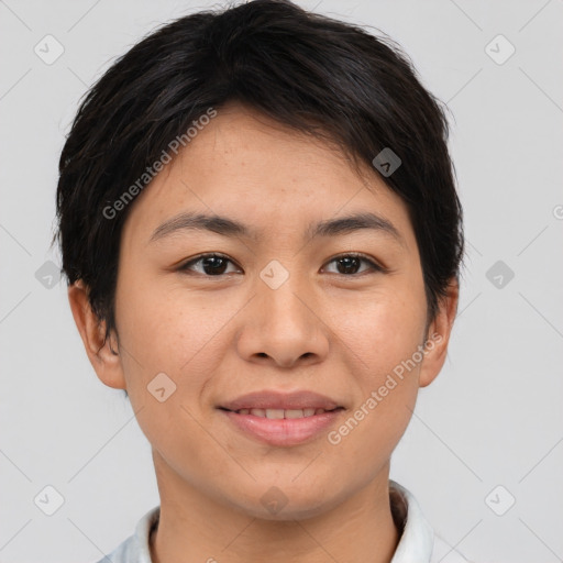 Joyful asian young-adult female with short  brown hair and brown eyes