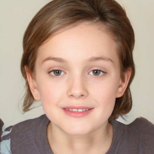 Joyful white child female with medium  brown hair and brown eyes