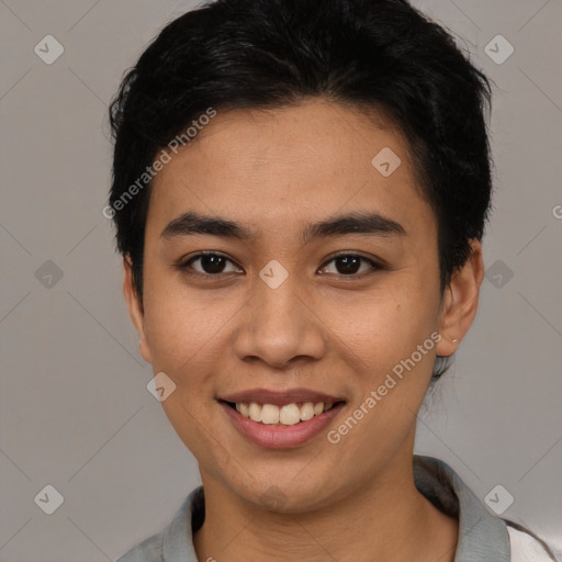 Joyful latino young-adult female with short  black hair and brown eyes