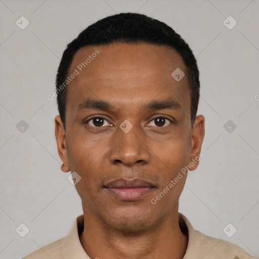 Neutral black young-adult male with short  black hair and brown eyes