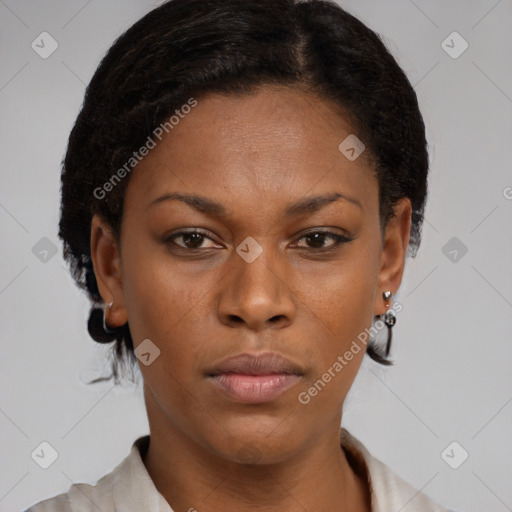 Neutral black young-adult female with short  brown hair and brown eyes