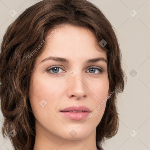 Neutral white young-adult female with medium  brown hair and green eyes