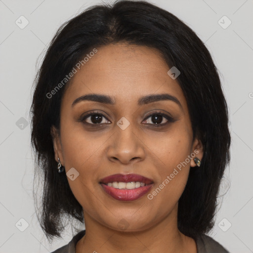 Joyful latino young-adult female with medium  brown hair and brown eyes