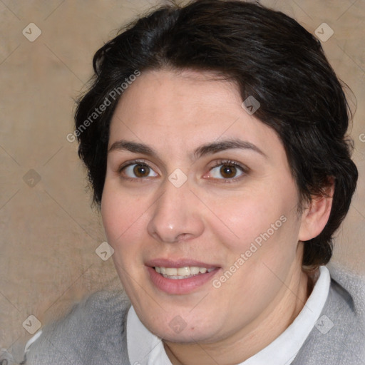 Joyful white adult female with medium  brown hair and brown eyes