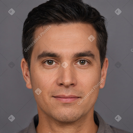 Joyful white young-adult male with short  brown hair and brown eyes