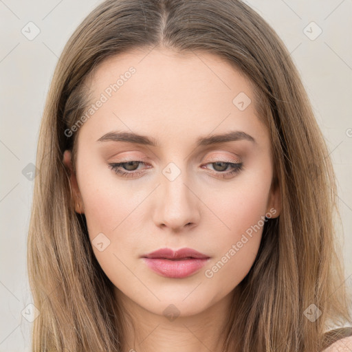 Neutral white young-adult female with long  brown hair and brown eyes