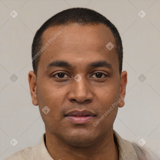 Neutral latino young-adult male with short  black hair and brown eyes