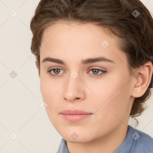 Neutral white young-adult female with short  brown hair and brown eyes