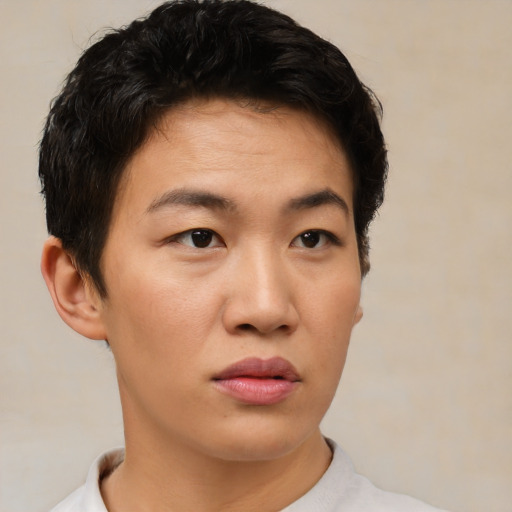 Neutral asian young-adult female with short  brown hair and brown eyes
