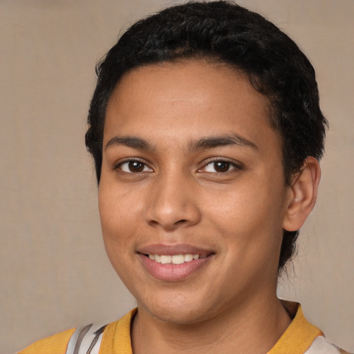 Joyful white young-adult female with short  brown hair and brown eyes