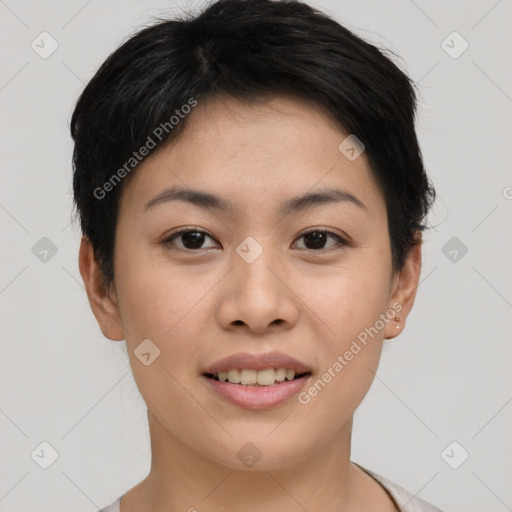 Joyful asian young-adult female with short  brown hair and brown eyes