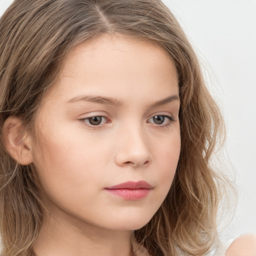 Neutral white child female with long  brown hair and brown eyes